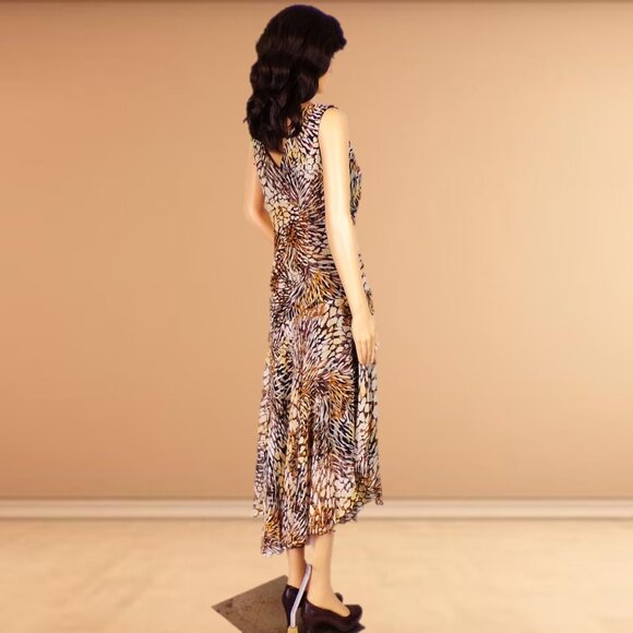 CHRIS McLAUGHLIN size 10 silk-like earth-tone sleeveless fit/flare maxi dress - Picture 4 of 11